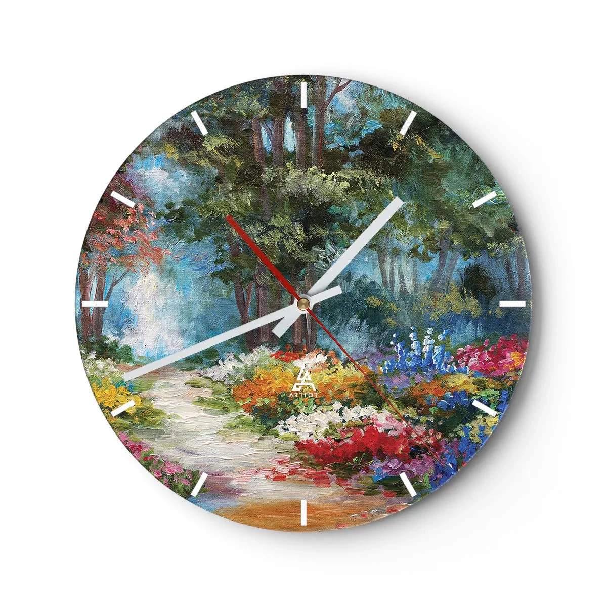 Nástěnné hodiny - Barevná zahrada s květinami a stromy v pozadí - 30x30cm - Lesní zahrada, květinový les - Moderní nástěnná dekorace do obývacího pokoje, kuchyně a ložnice ARTTOR