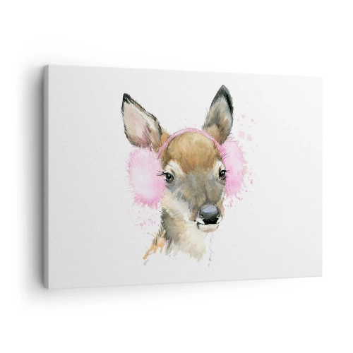 Obraz na plátně - Akvarelový jelen v růžových náušnících - 70x50cm - A mráz už není tak hrozný - Moderní nástěnná dekorace do obývacího pokoje a ložnice ARTTOR
