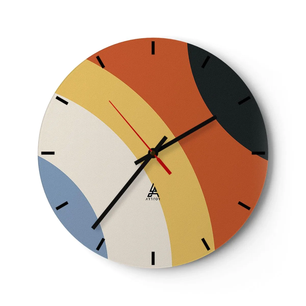 Nástěnné hodiny - Geometrické oblouky v odstínech oranžové, béžové a modré - 30x30cm - K sobě samému - Moderní nástěnná dekorace do obývacího pokoje, kuchyně a ložnice ARTTOR