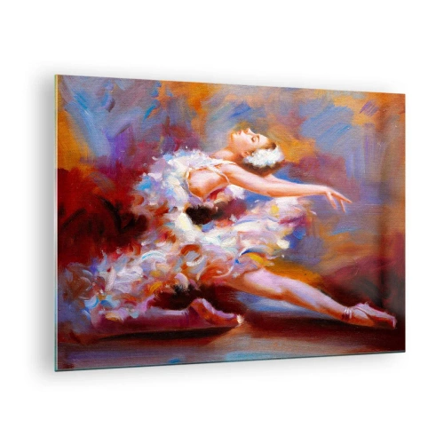Obraz na skle - Baletka v dynamické póze na pozadí abstraktních barev. - 70x50cm - Labutí elegance - Moderní nástěnná dekorace do obývacího pokoje a ložnice ARTTOR