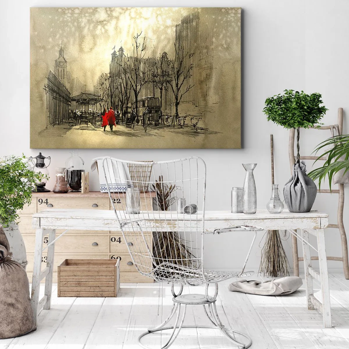 Obraz na plátně - Červená postava v nostalgickém městském prostředí - 70x50cm - Rande v londýnské mlze - Moderní nástěnná dekorace do obývacího pokoje a ložnice ARTTOR