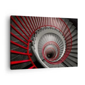 Obraz na plátně - Točité schodiště s červeným zábradlím v dynamické perspektivě - 70x50cm - Architektonické hry - Moderní nástěnná dekorace do obývacího pokoje a ložnice ARTTOR