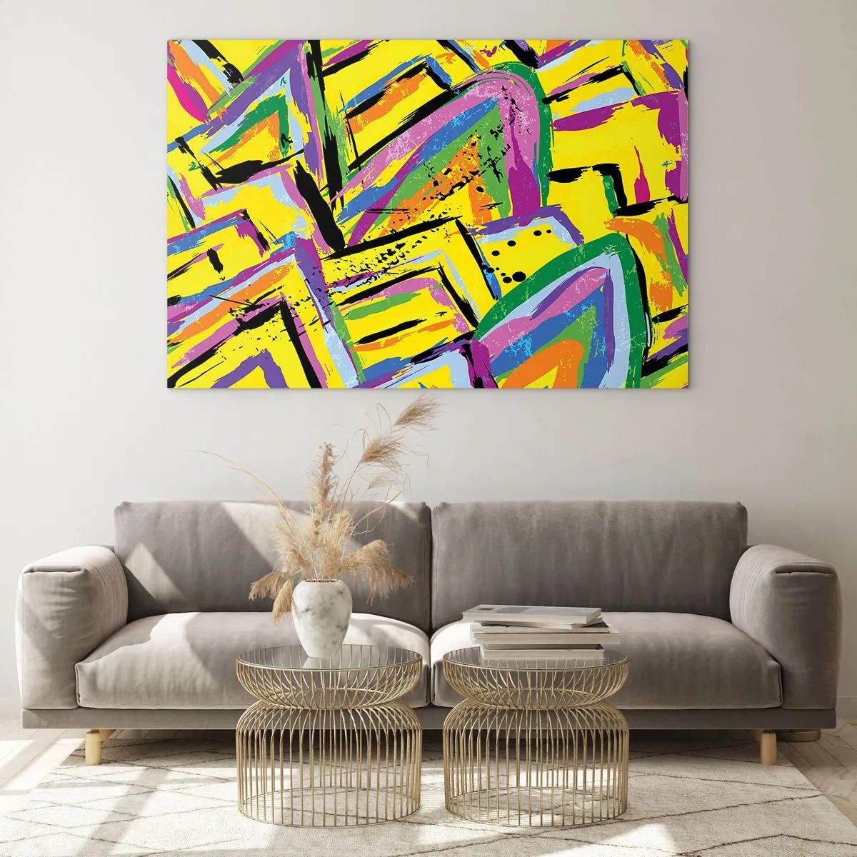 Obraz na skle - Intenzivní abstrakce v jasných barvách na žlutém pozadí - 70x50cm - Až křičí radostí - Moderní nástěnná dekorace do obývacího pokoje a ložnice ARTTOR