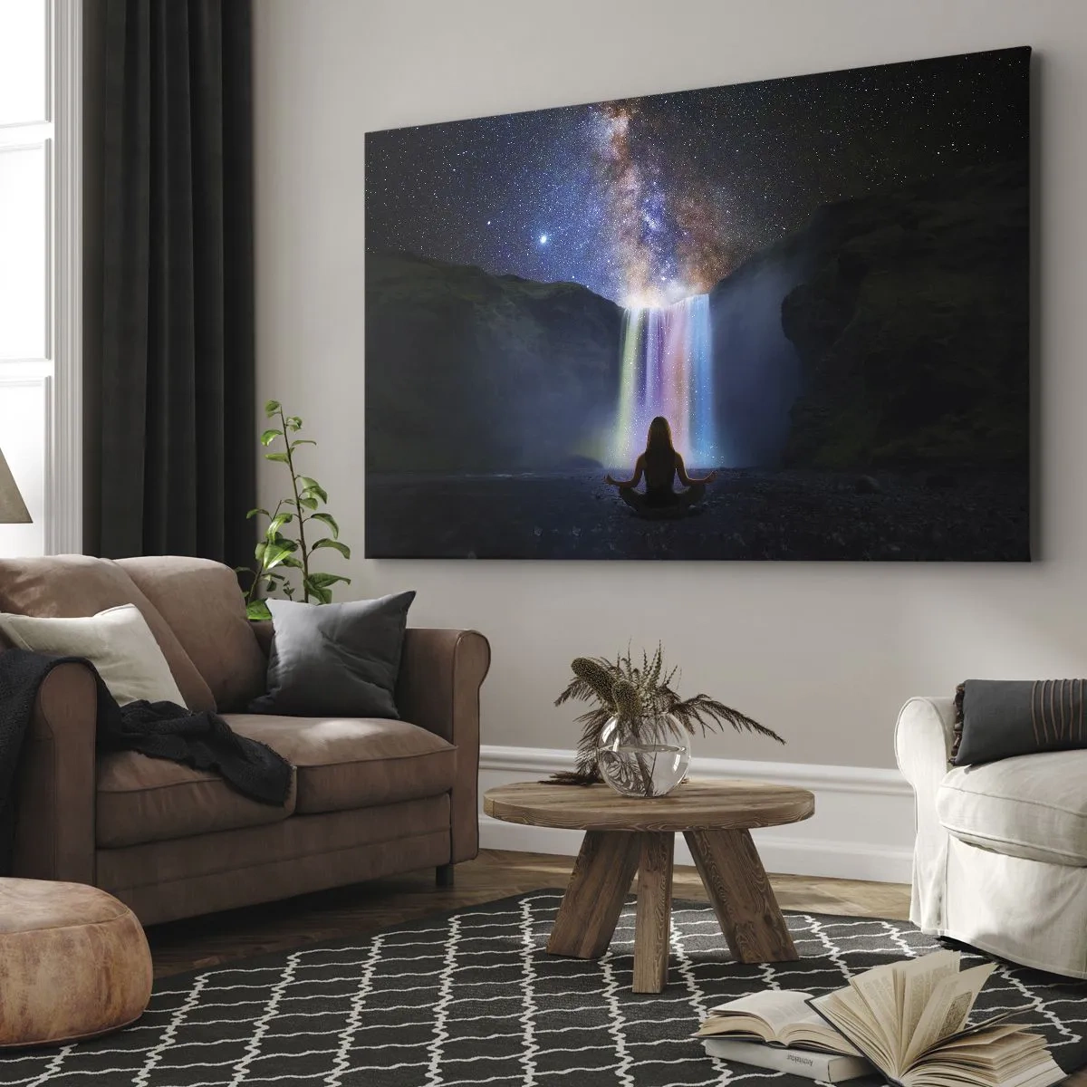 Obraz na plátně - Meditace před vodopádem mezi hvězdami - 70x50cm - Absolutní harmonie - Moderní nástěnná dekorace do obývacího pokoje a ložnice ARTTOR