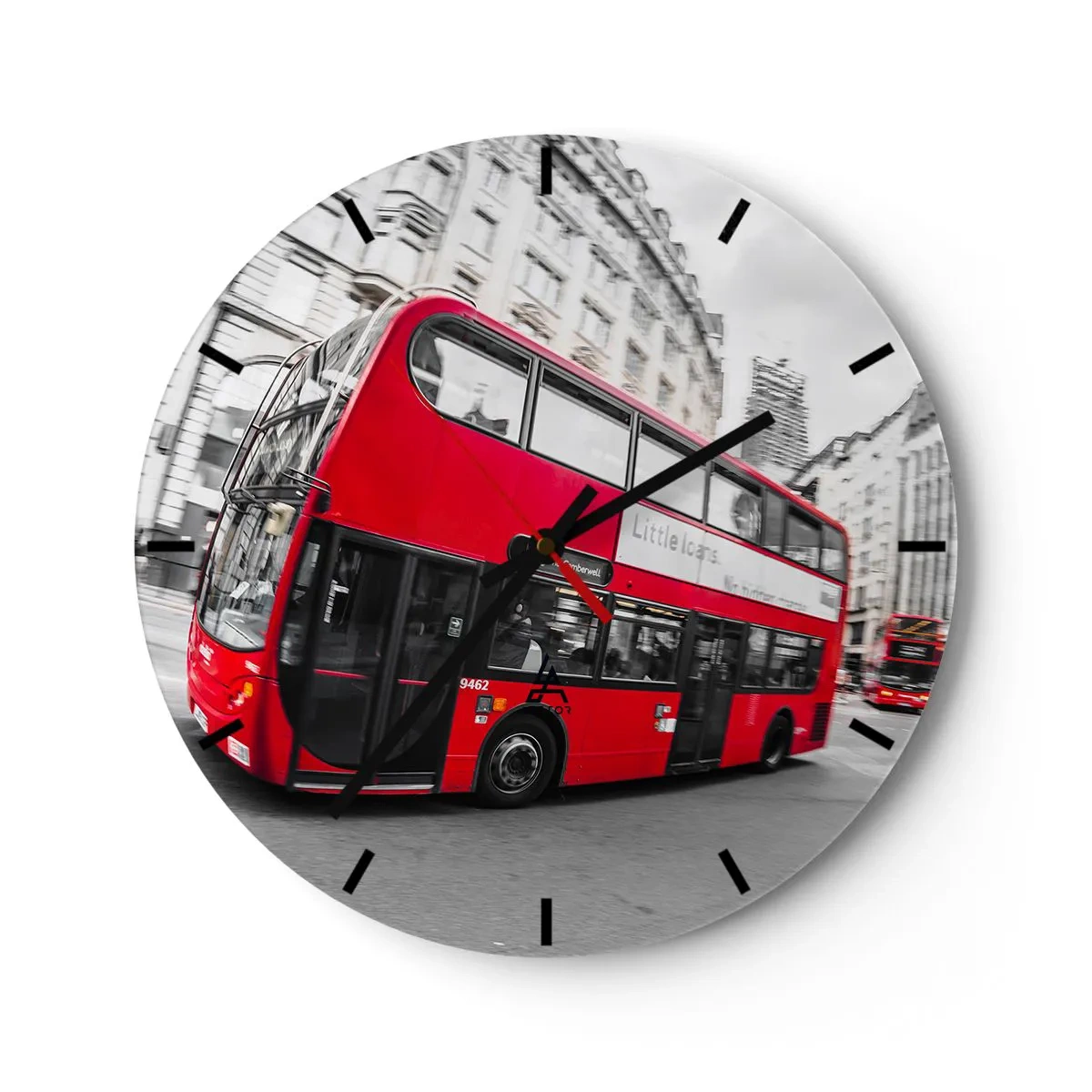 Nástěnné hodiny - Červený autobus v Londýně s historickými budovami v pozadí - 30x30cm - Londýn tradičně - by bus - Moderní nástěnná dekorace do obývacího pokoje, kuchyně a ložnice ARTTOR