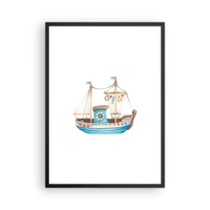 Plakát v černém rámu - Akvarelová loď v pastelových odstínech modré a béžové - 50x70cm - Ahoj, dobrodružství! - Moderní nástěnná dekorace do obývacího pokoje a ložnice ARTTOR
