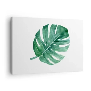 Obraz na plátně - Zelený list monstery v minimalistickém stylu - 70x50cm - Zelený koncept - Moderní nástěnná dekorace do obývacího pokoje a ložnice ARTTOR