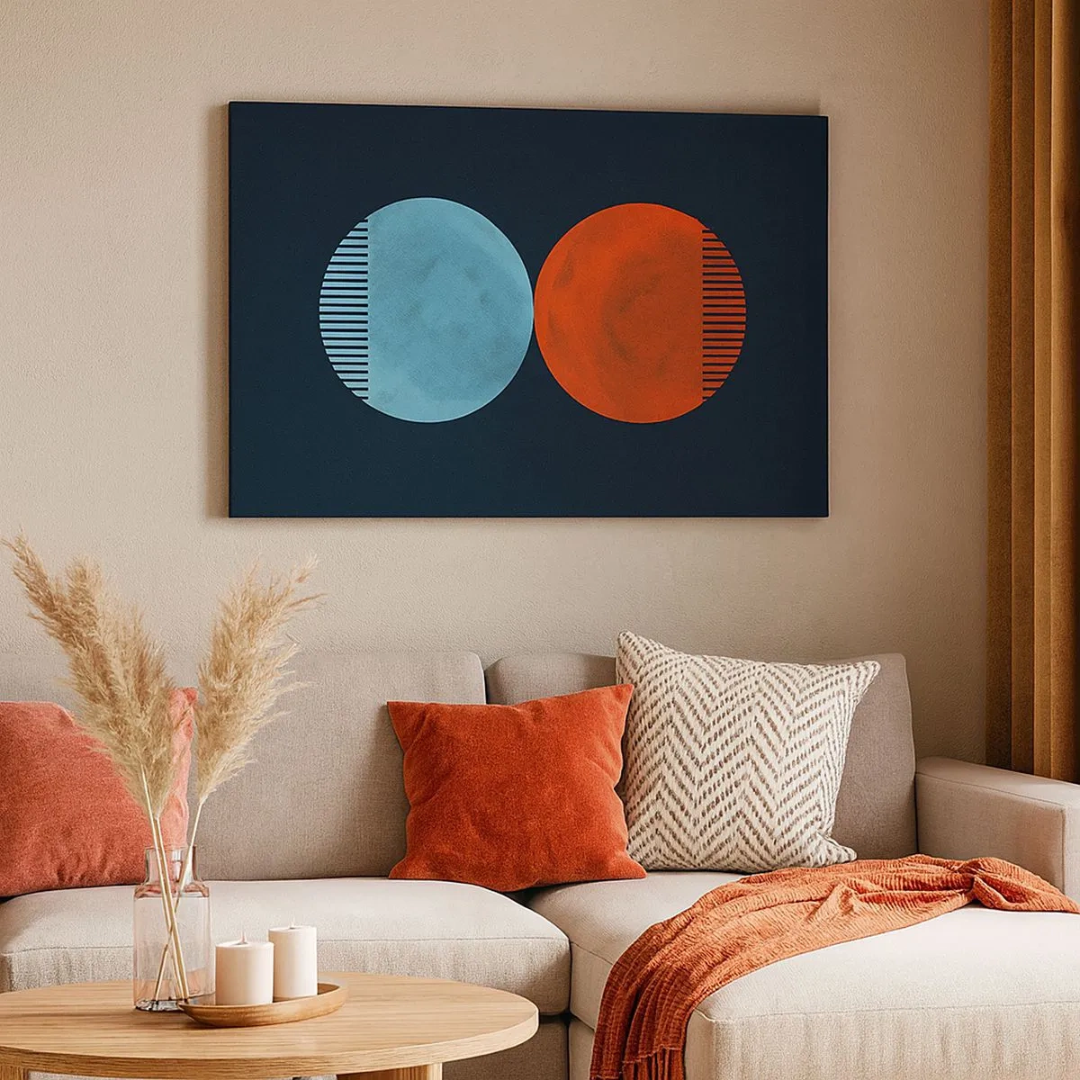 Obraz na plátně - Minimalistický design dvou kol v modré a oranžové barvě - 70x50cm - Pouze geometrie? - Moderní nástěnná dekorace do obývacího pokoje a ložnice ARTTOR