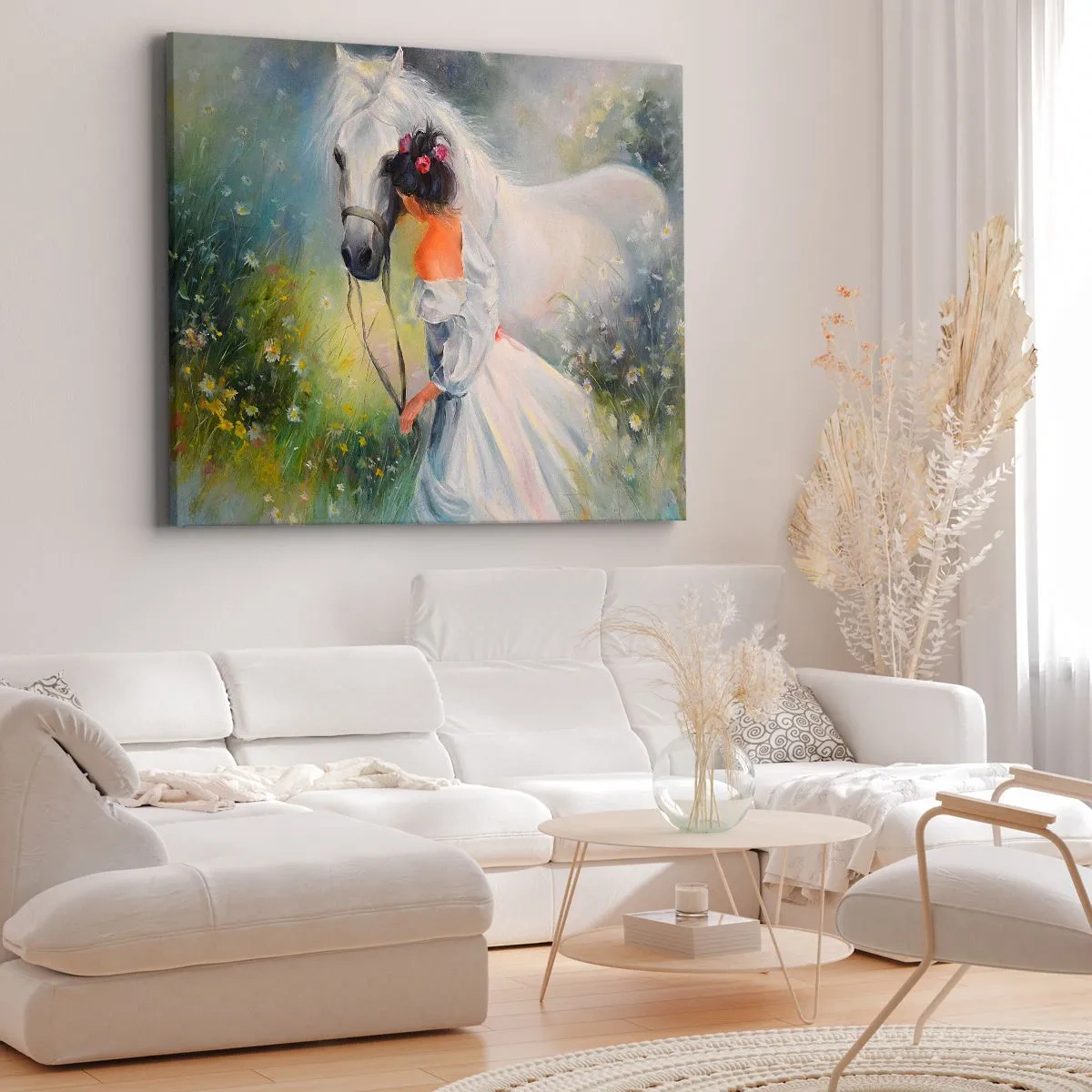 Obraz na plátně - Žena s bílým koněm v malebném prostředí - 70x50cm - Jako z krásného snu - Moderní nástěnná dekorace do obývacího pokoje a ložnice ARTTOR