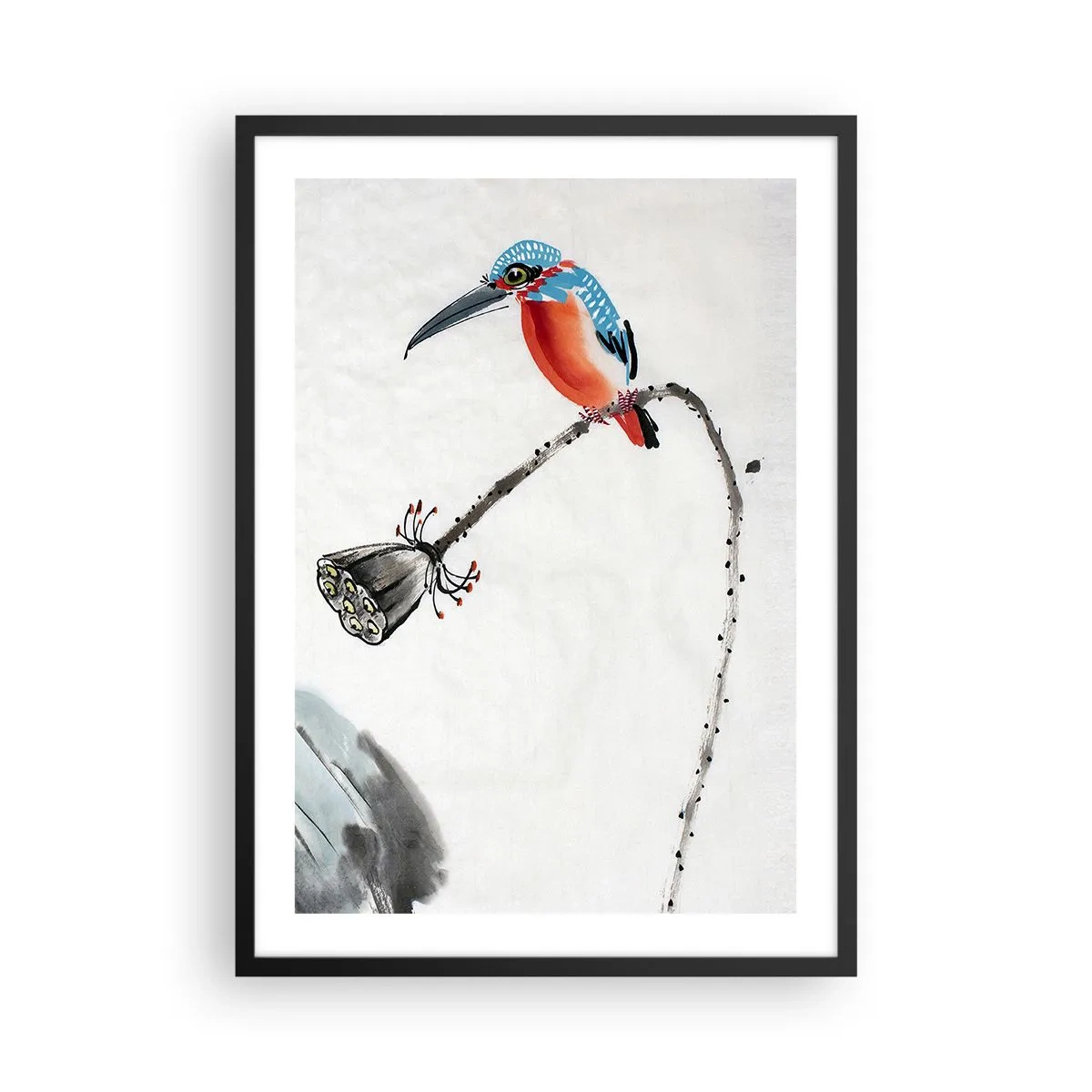 Plakát v černém rámu - Barevný ledňáček na větvi ve stylu akvarelu - 50x70cm - Život louky - Moderní nástěnná dekorace do obývacího pokoje a ložnice ARTTOR