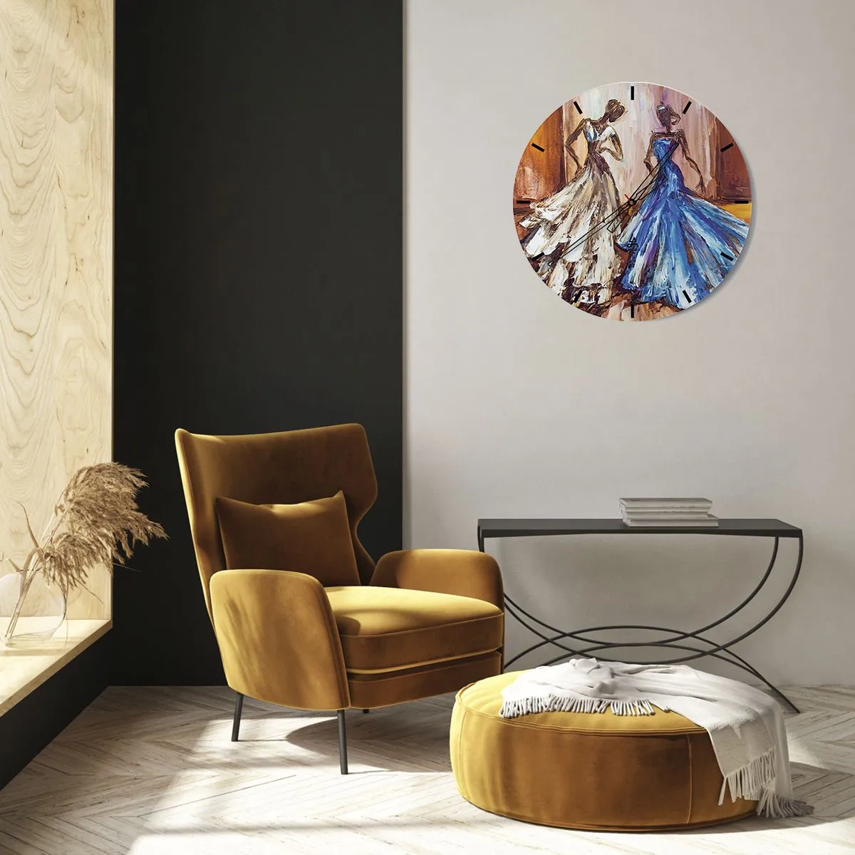 Nástěnné hodiny - Dvě ženy v uměleckých, malířsky vypadajících šatech - 30x30cm - Půvabné duo - Moderní nástěnná dekorace do obývacího pokoje, kuchyně a ložnice ARTTOR