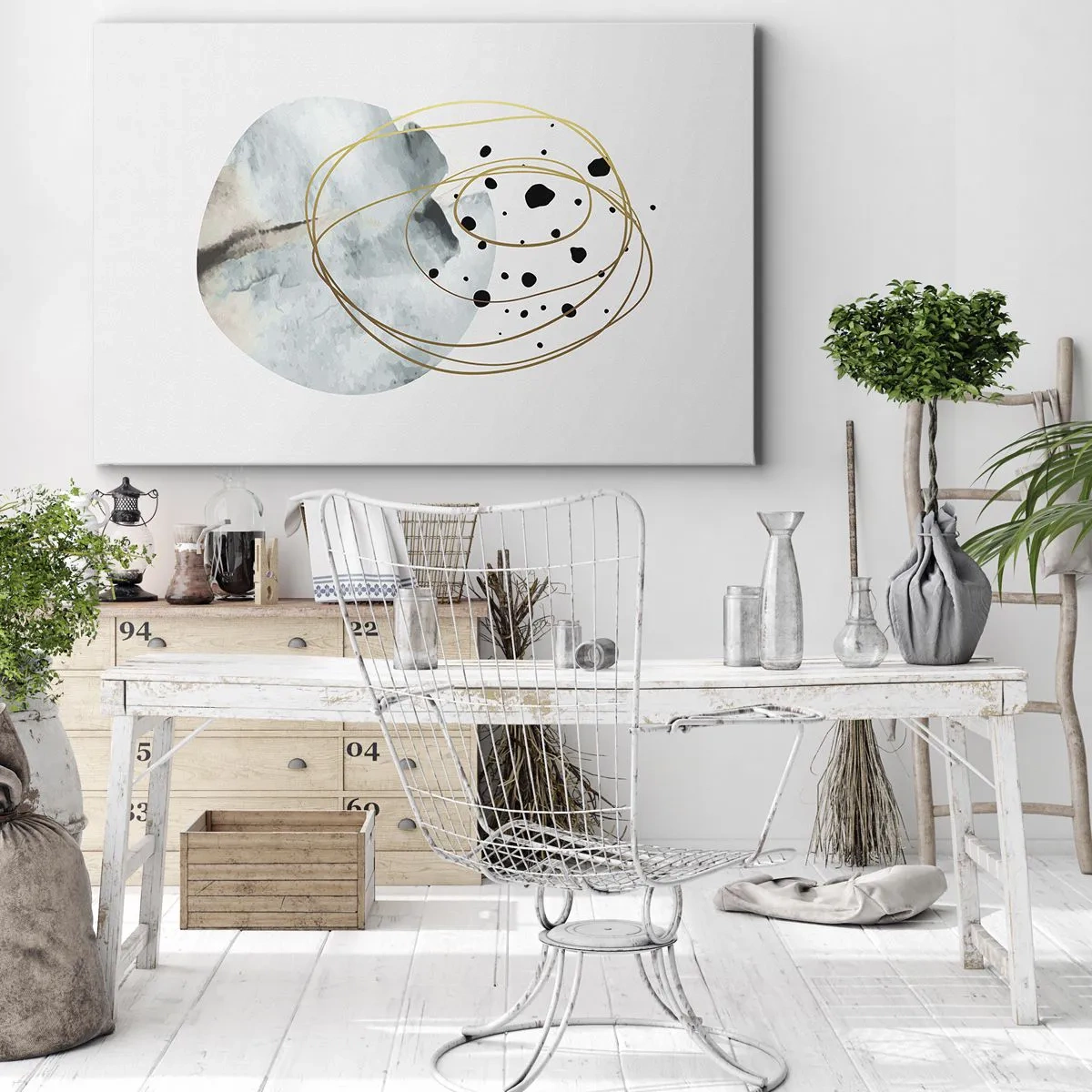 Obraz na plátně - Minimalistická abstrakce s geometrickým vzorem a zlatými liniemi - 70x50cm - V objetí prostoru - Moderní nástěnná dekorace do obývacího pokoje a ložnice ARTTOR