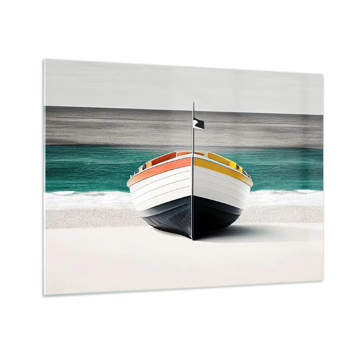 Obraz na skle - Barevná loď na pláži s tyrkysovým mořem v pozadí - 70x50cm - Na správném místě - Moderní nástěnná dekorace do obývacího pokoje a ložnice ARTTOR