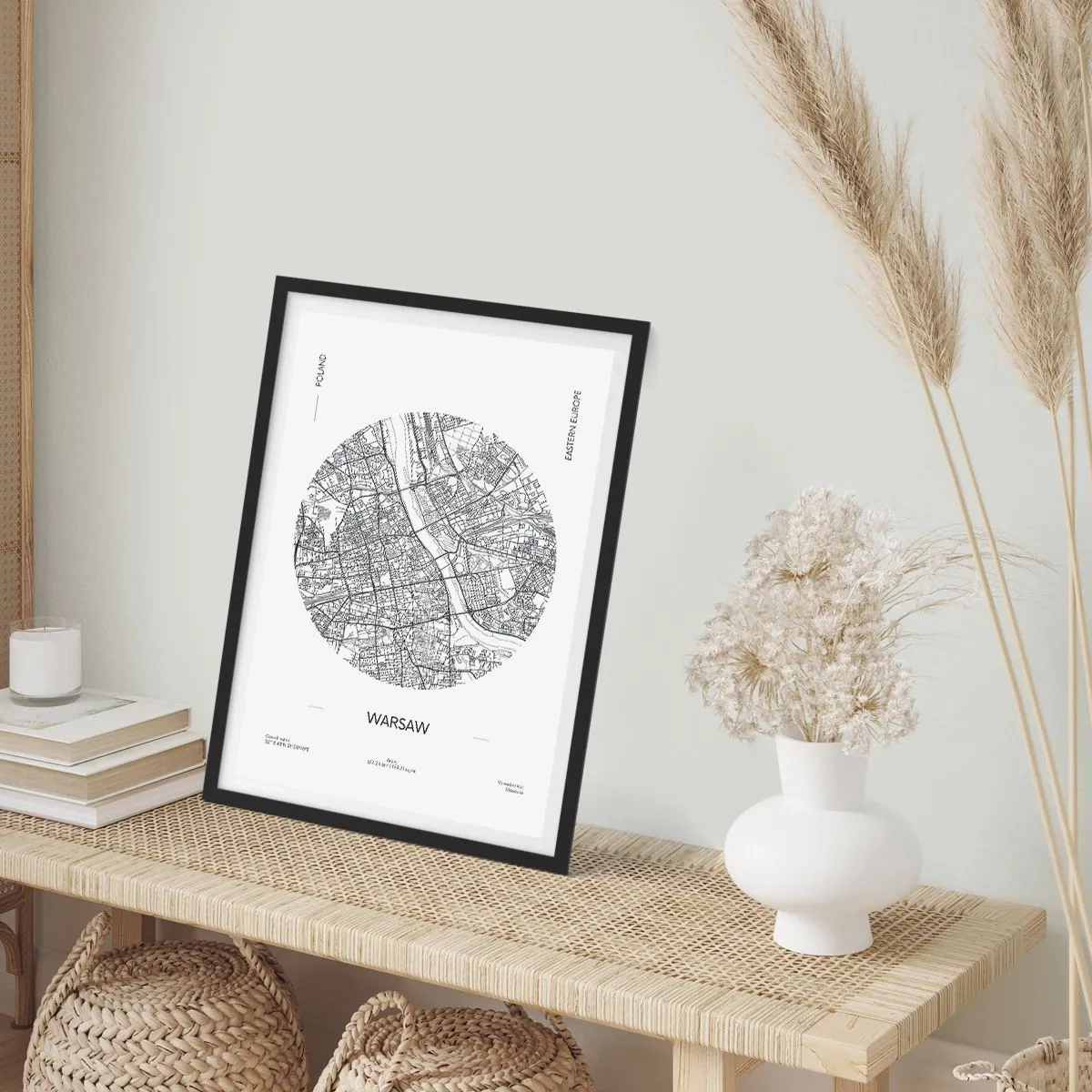 Plakát v černém rámu - Minimalistická mapa Varšavy v kruhu - 50x70cm - Anatomie Varšavy - Moderní nástěnná dekorace do obývacího pokoje a ložnice ARTTOR