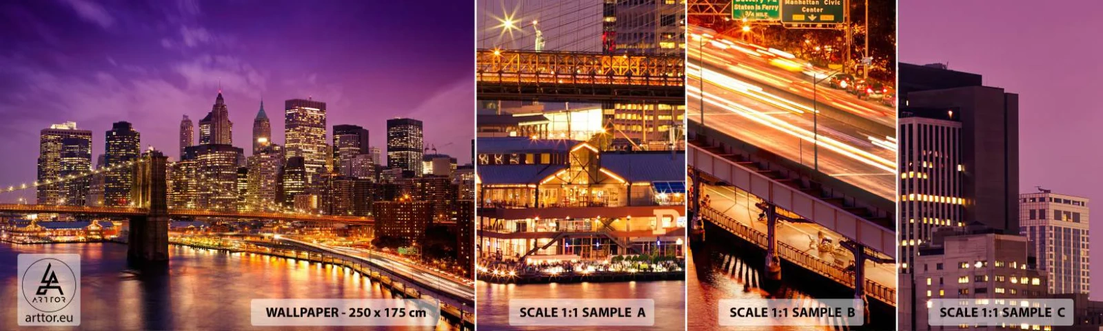 Vzor Fototapety Samolepicí Deluxe Sticker - Fialovo-zlatý Manhattan - Město, New York, Architektura - 100x30 cm