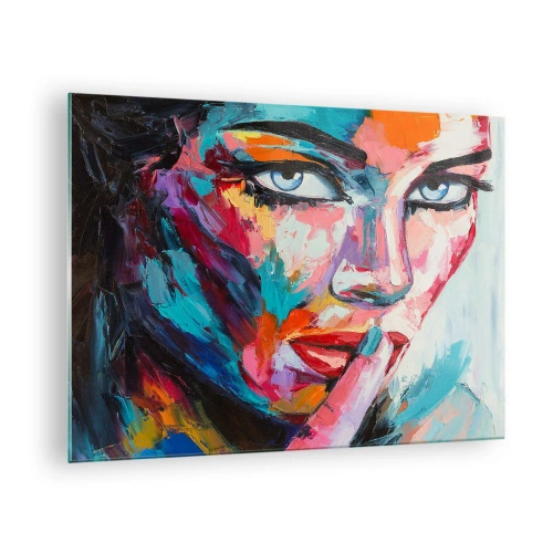 Obraz na skle - Barevný portrét ženy v abstraktním stylu - 70x50cm - Naše první tajemství - Moderní nástěnná dekorace do obývacího pokoje a ložnice ARTTOR