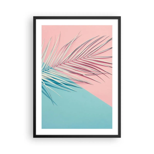 Plakát v černém rámu - Palma na pozadí pastelových růžových a modrých barev - 50x70cm - Tropický dojem - Moderní nástěnná dekorace do obývacího pokoje a ložnice ARTTOR