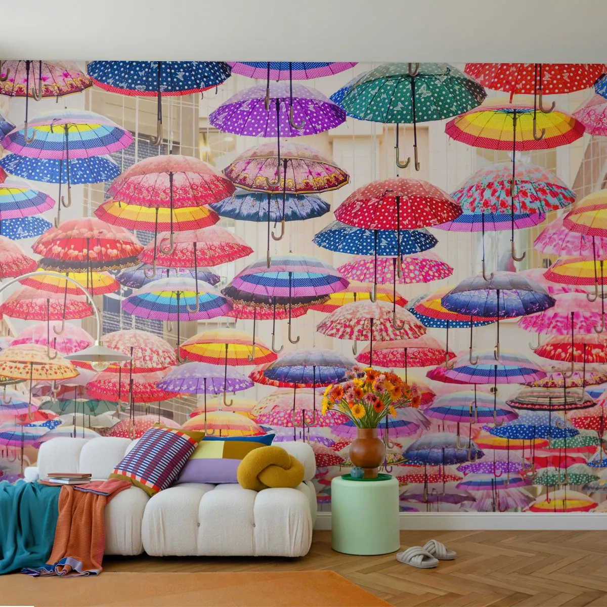 Fototapeta Samolepicí Deluxe Sticker - Městská louka - Město, Barevné deštníky, Kus - 250x175 cm