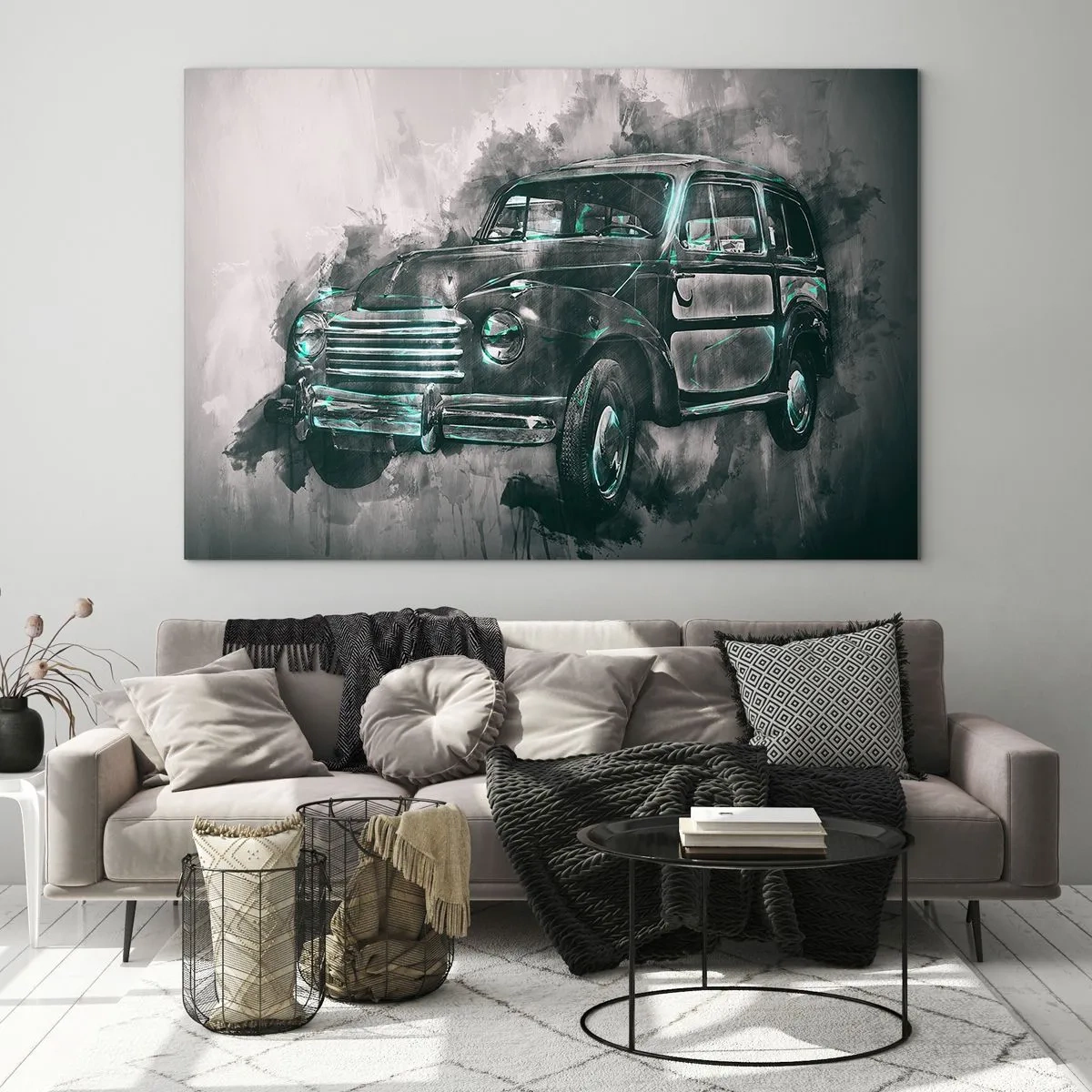 Obraz na skle - Staré auto v odstínech šedé a tyrkysové - 70x50cm - Ctěný předek - Moderní nástěnná dekorace do obývacího pokoje a ložnice ARTTOR