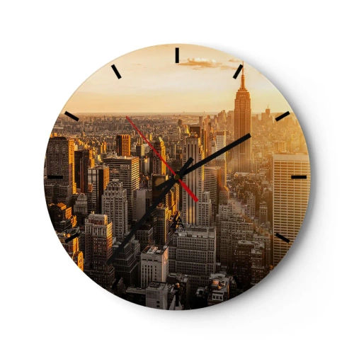 Nástěnné hodiny - Panorama newyorských mrakodrapů při západu slunce - 30x30cm - Růst na slunci - Moderní nástěnná dekorace do obývacího pokoje, kuchyně a ložnice ARTTOR