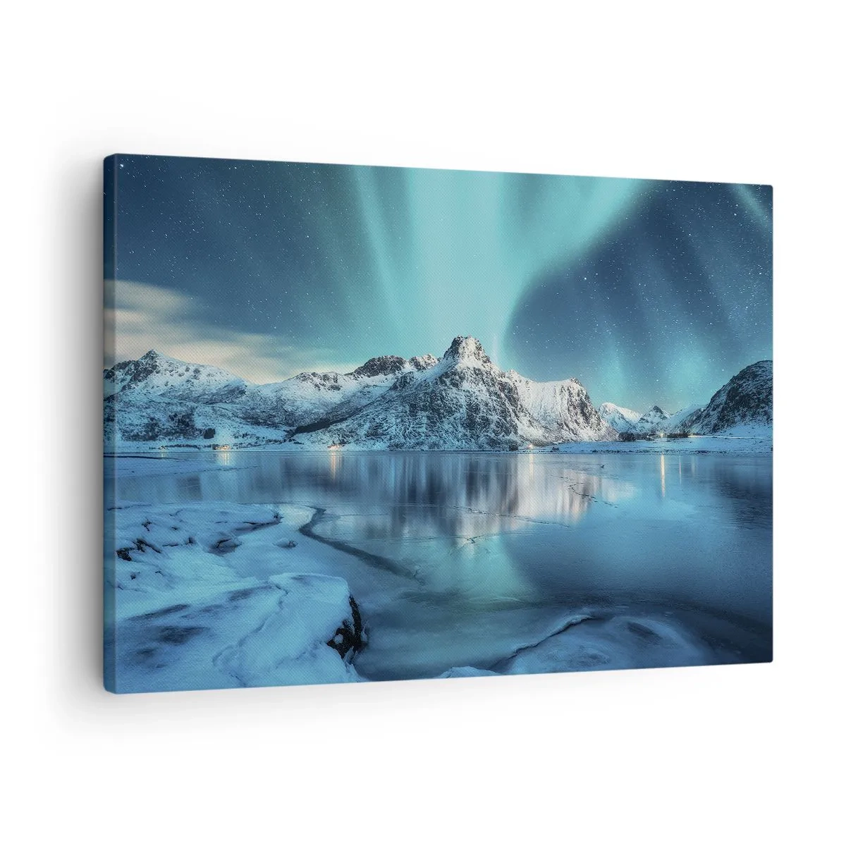 Obraz na plátně - Polární záře nad zasněženými horami a jezerem - 70x50cm - Noc plná světla - Moderní nástěnná dekorace do obývacího pokoje a ložnice ARTTOR