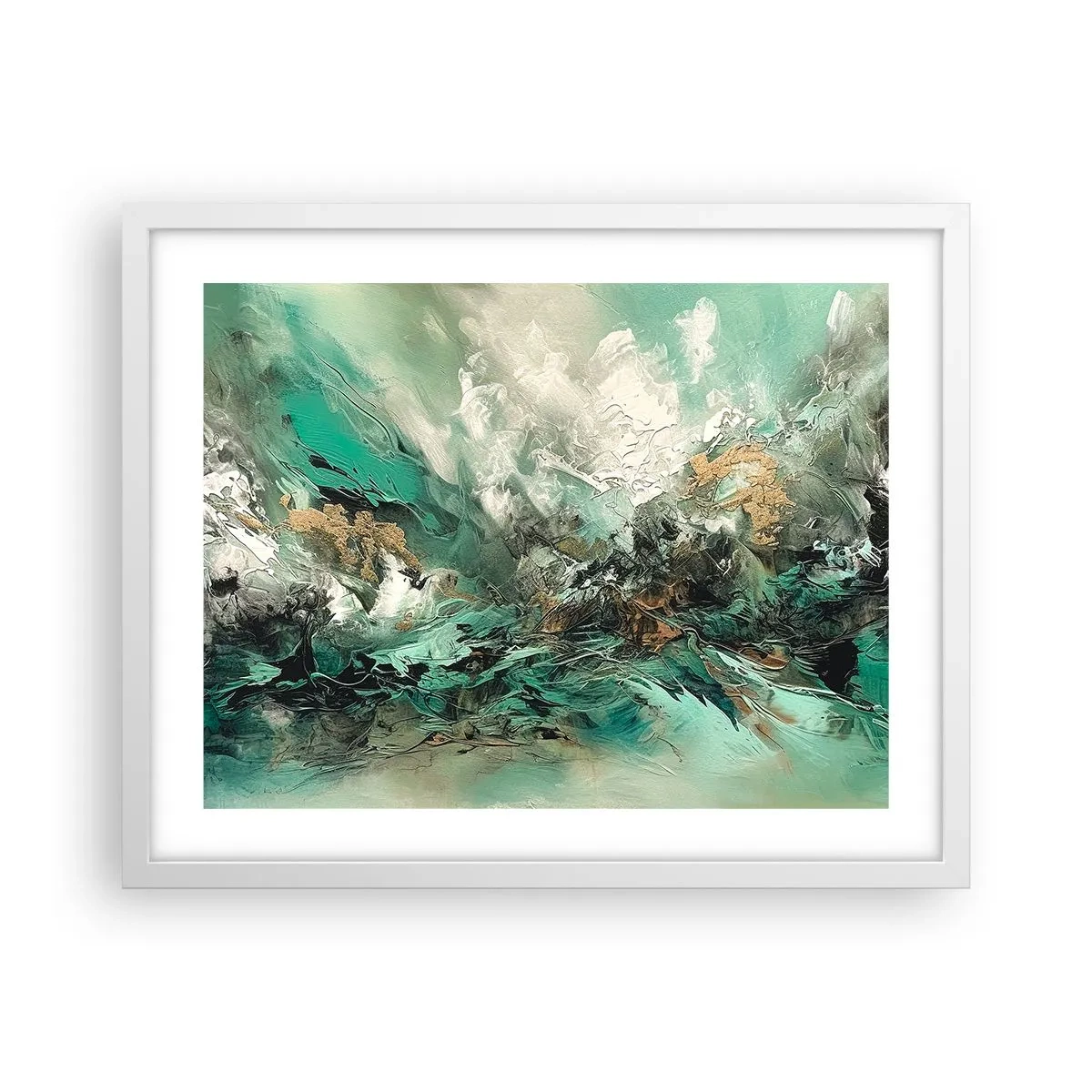 Plakát v bílém rámu - Smaragdově černé vlnobití - 50x40 cm