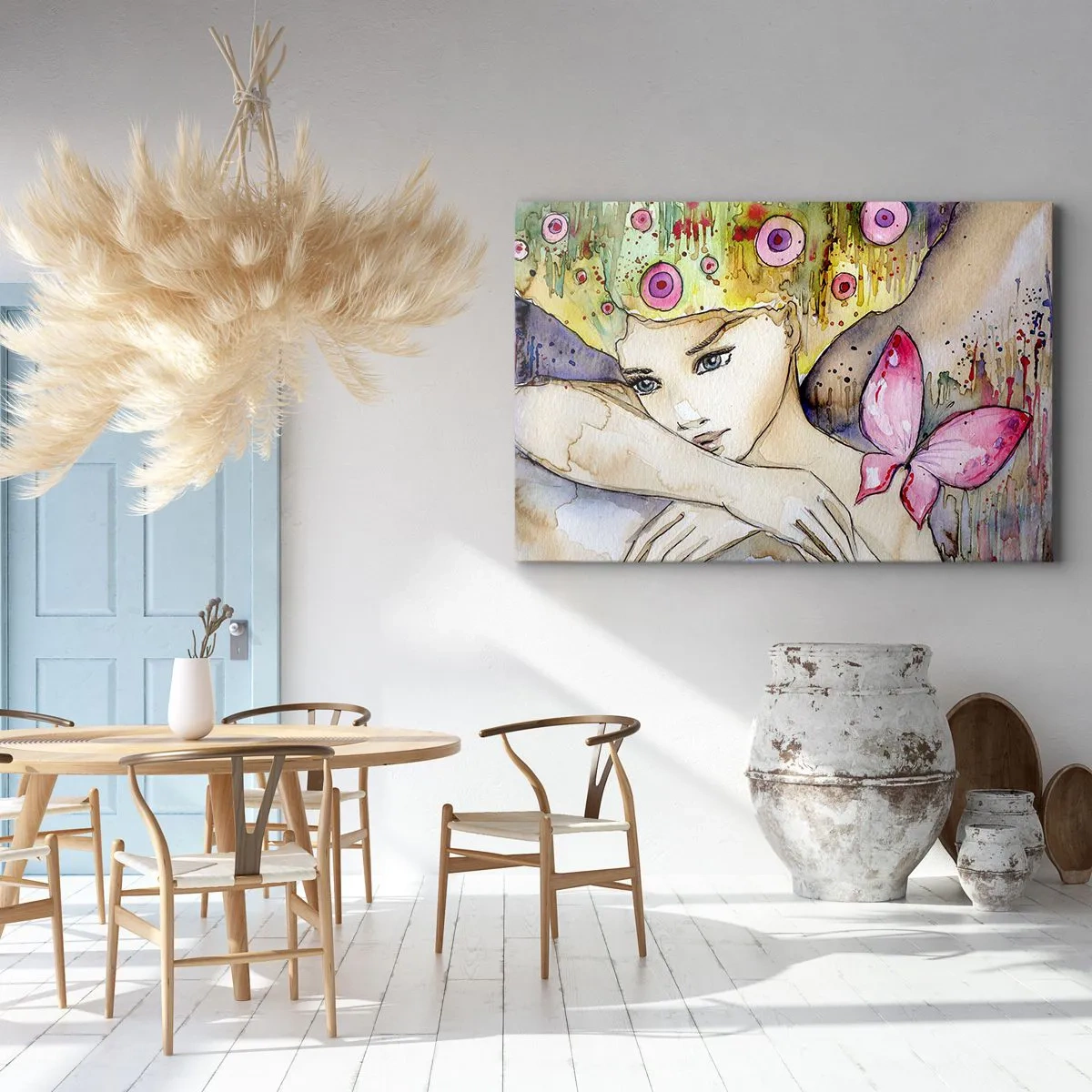 Obraz na plátně - Žena s abstraktním účesem a růžovým motýlem - 70x50cm - Motýlí princezna - Moderní nástěnná dekorace do obývacího pokoje a ložnice ARTTOR