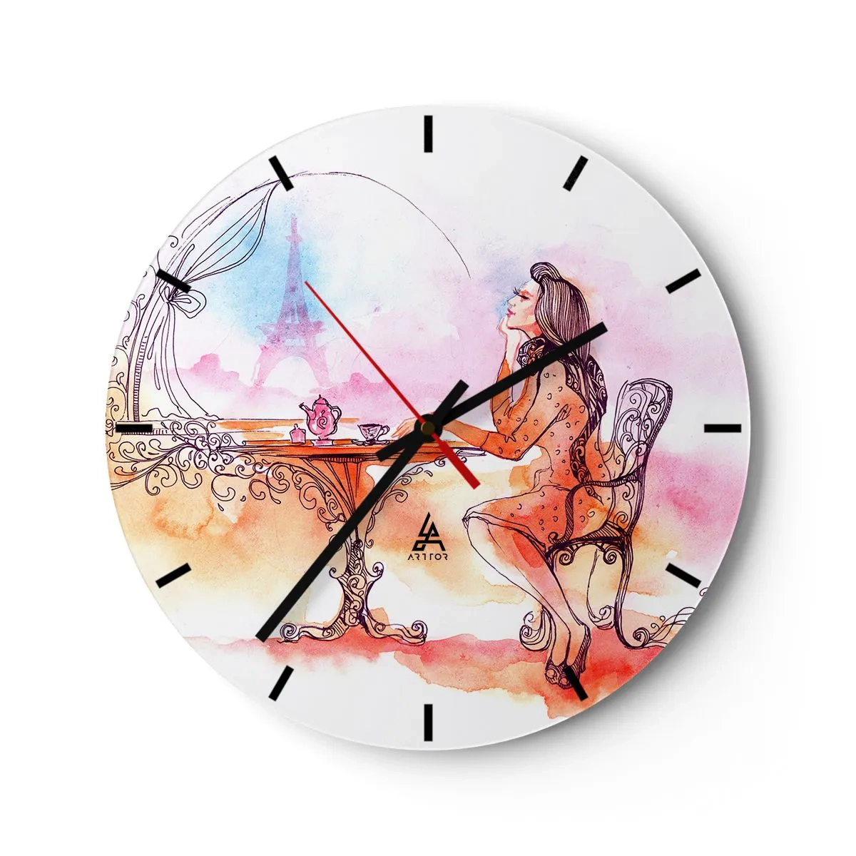 Nástěnné hodiny - Žena u stolu s výhledem na Eiffelovu věž v pastelových barvách - 30x30cm - Pařížská elegance - Moderní nástěnná dekorace do obývacího pokoje, kuchyně a ložnice ARTTOR