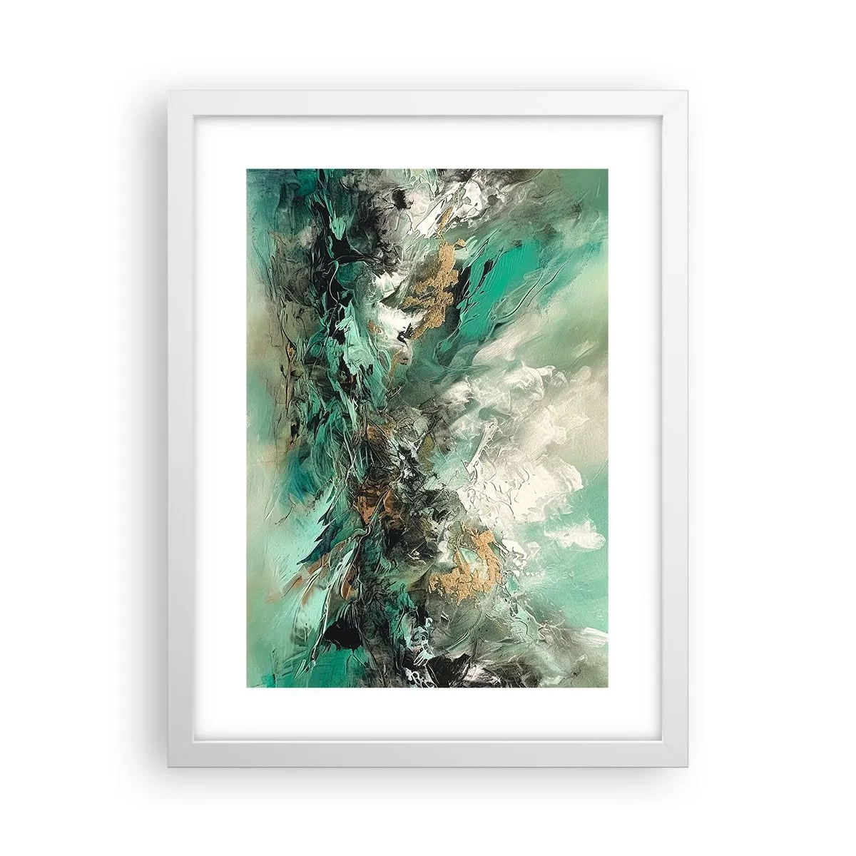 Plakát v bílém rámu - Smaragdově černé vlnobití - 30x40 cm