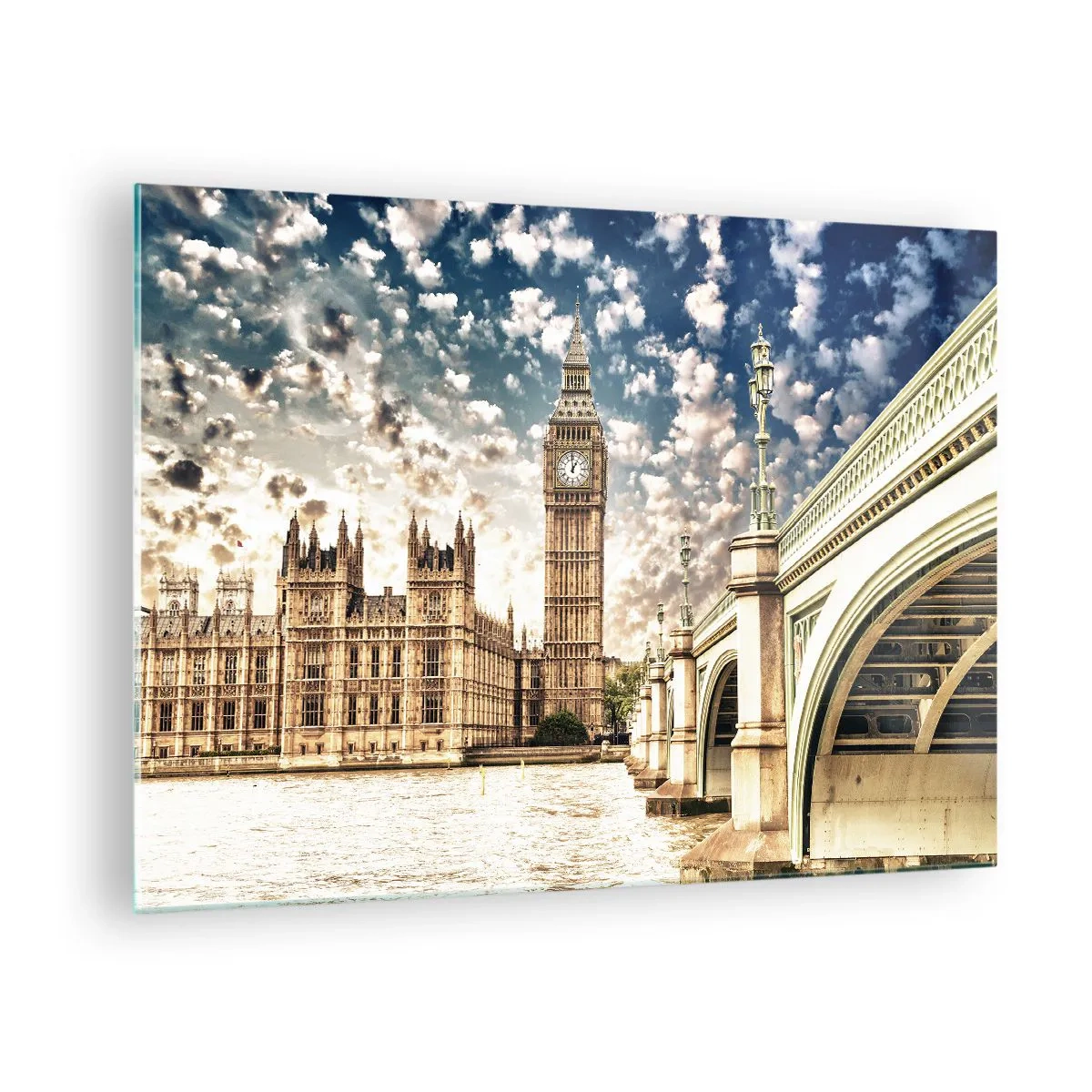 Obraz na skle - Big Ben a Westminsterský most v Londýně - 70x50cm - Peřové oblaky nad Temží - Moderní nástěnná dekorace do obývacího pokoje a ložnice ARTTOR