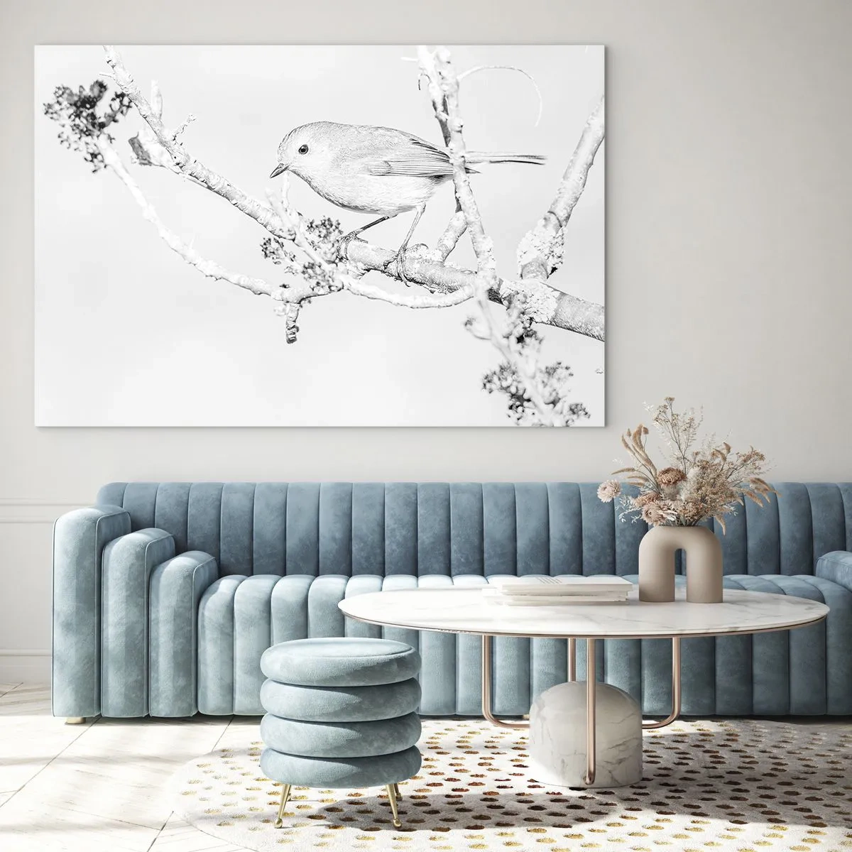 Obraz na skle - Pták sedící na větvi v monochromatické zimní scéně. - 70x50cm - Zimní ráno - Moderní nástěnná dekorace do obývacího pokoje a ložnice ARTTOR