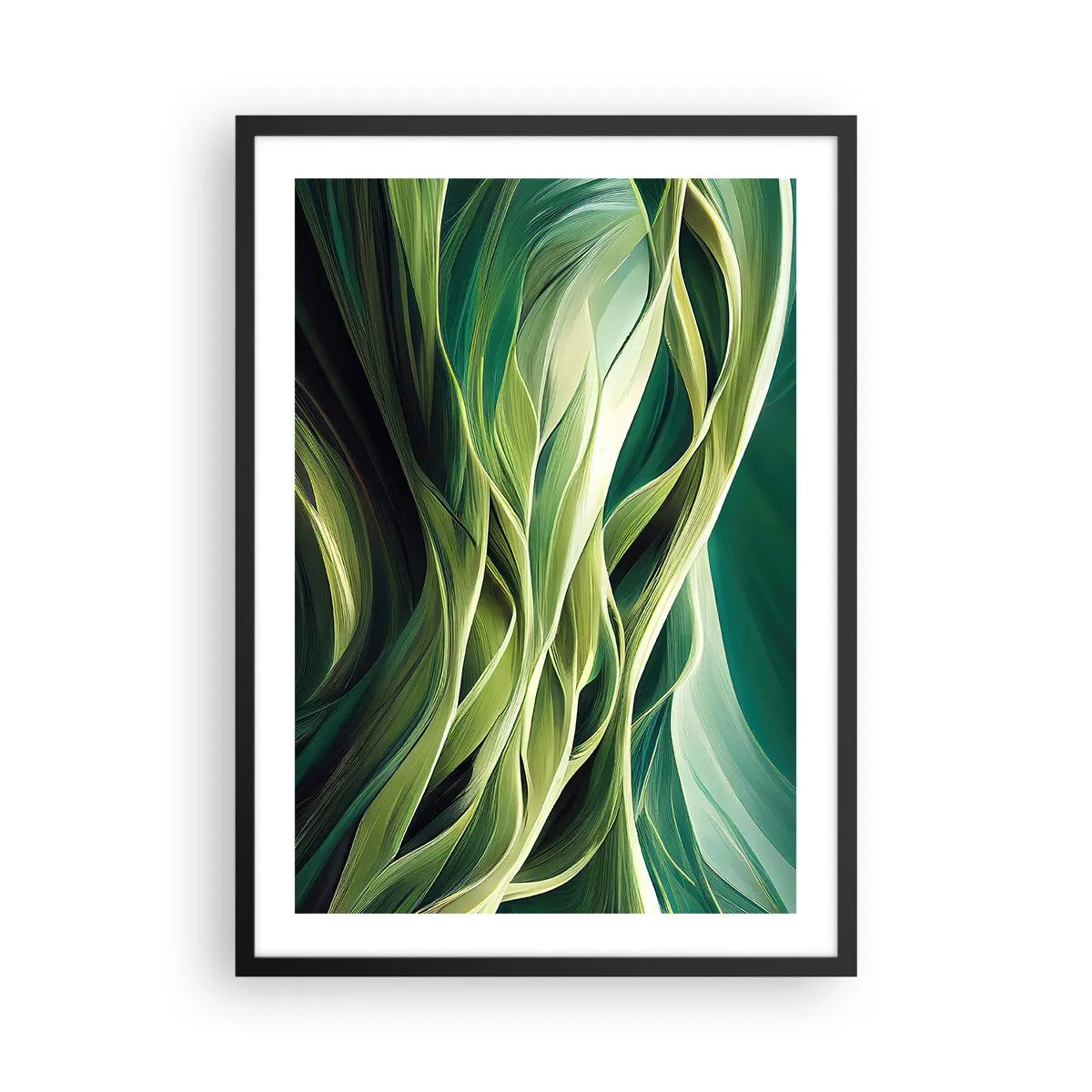 Plakát v černém rámu - Abstraktní kompozice organických, zelených tvarů. - 50x70cm - Abstraktní hra na zelenou - Moderní nástěnná dekorace do obývacího pokoje a ložnice ARTTOR