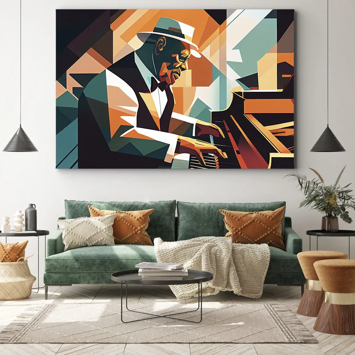 Obraz na plátně - Abstraktní hudebník hrající na klavír v teplých barvách. - 70x50cm - Celý tento jazz - Moderní nástěnná dekorace do obývacího pokoje a ložnice ARTTOR