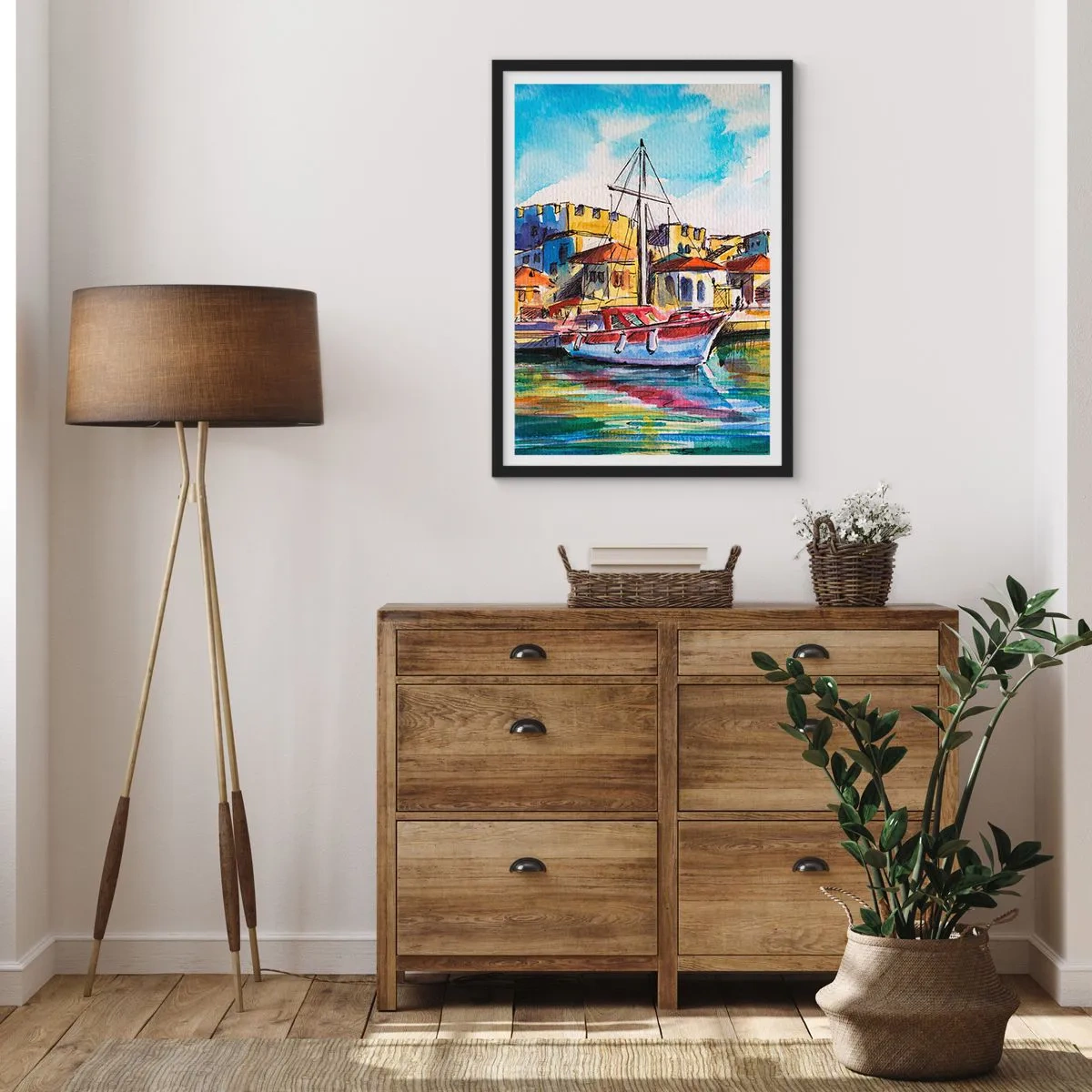 Plakát v černém rámu - Barevný akvarel jachty v přímořském městě - 50x70cm - Duhové odpoledne - Moderní nástěnná dekorace do obývacího pokoje a ložnice ARTTOR