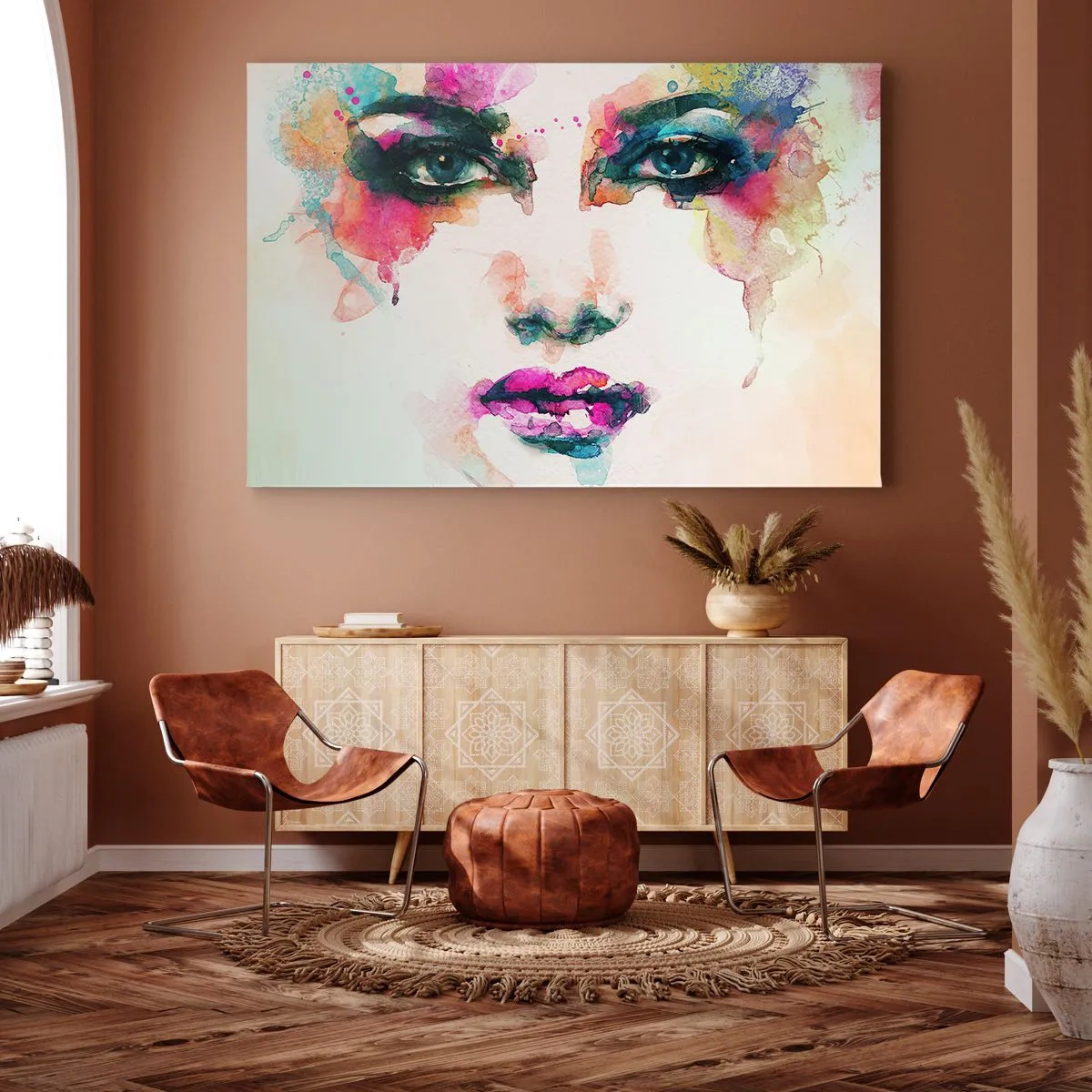 Obraz na plátně - Abstraktní portrét ženy v intenzivních barvách - 70x50cm - Portrét malovaný duhou - Moderní nástěnná dekorace do obývacího pokoje a ložnice ARTTOR