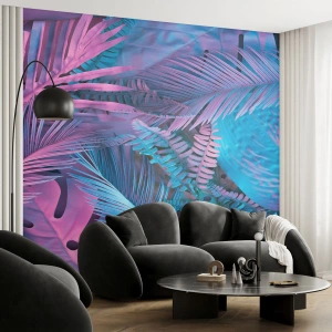 Fototapeta Premium Sand - Tropy v růžové a modré - Abstrakce, Listy, Tropická rostlina - 100x70 cm