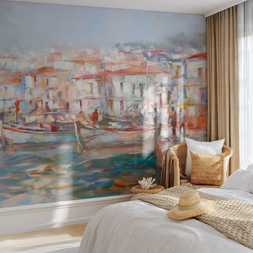 Fototapeta Premium Canvas - Pastelová dovolená - Přístavní město, Architektura, Rybářská loď - 100x70 cm