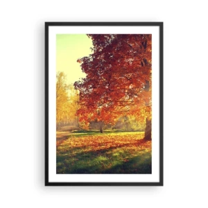 Plakát v černém rámu - Podzimní park se stromem se zlatými listy na slunci - 50x70cm - Rudé je krásné - Moderní nástěnná dekorace do obývacího pokoje a ložnice ARTTOR