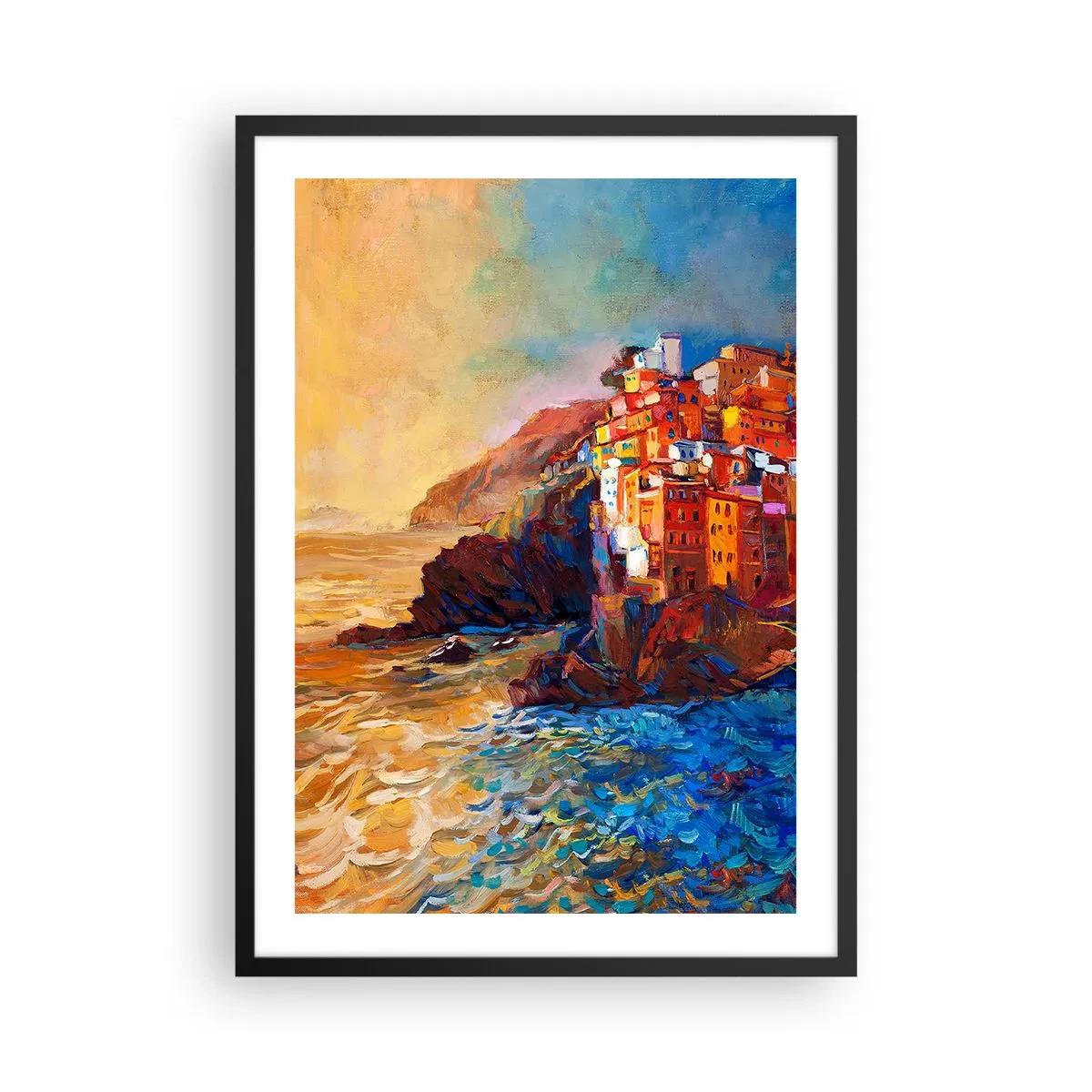 Plakát v černém rámu - Barevné budovy s výhledem na útes a moře při západu slunce - 50x70cm - Italský nádech - Moderní nástěnná dekorace do obývacího pokoje a ložnice ARTTOR