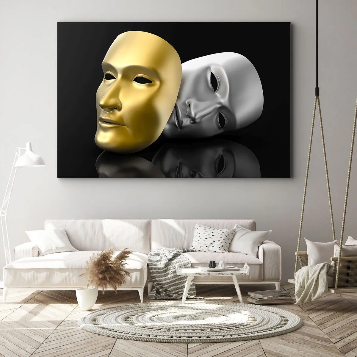 Obraz na plátně - Zlatá a stříbrná maska na černém pozadí - 70x50cm - Život je divadlo - Moderní nástěnná dekorace do obývacího pokoje a ložnice ARTTOR