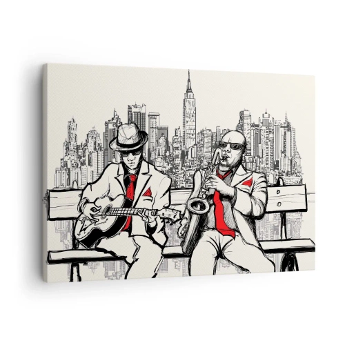 Obraz na plátně - Jazzové duo se saxofonem a kytarou na pozadí města - 70x50cm - Newyorská improvizace - Moderní nástěnná dekorace do obývacího pokoje a ložnice ARTTOR