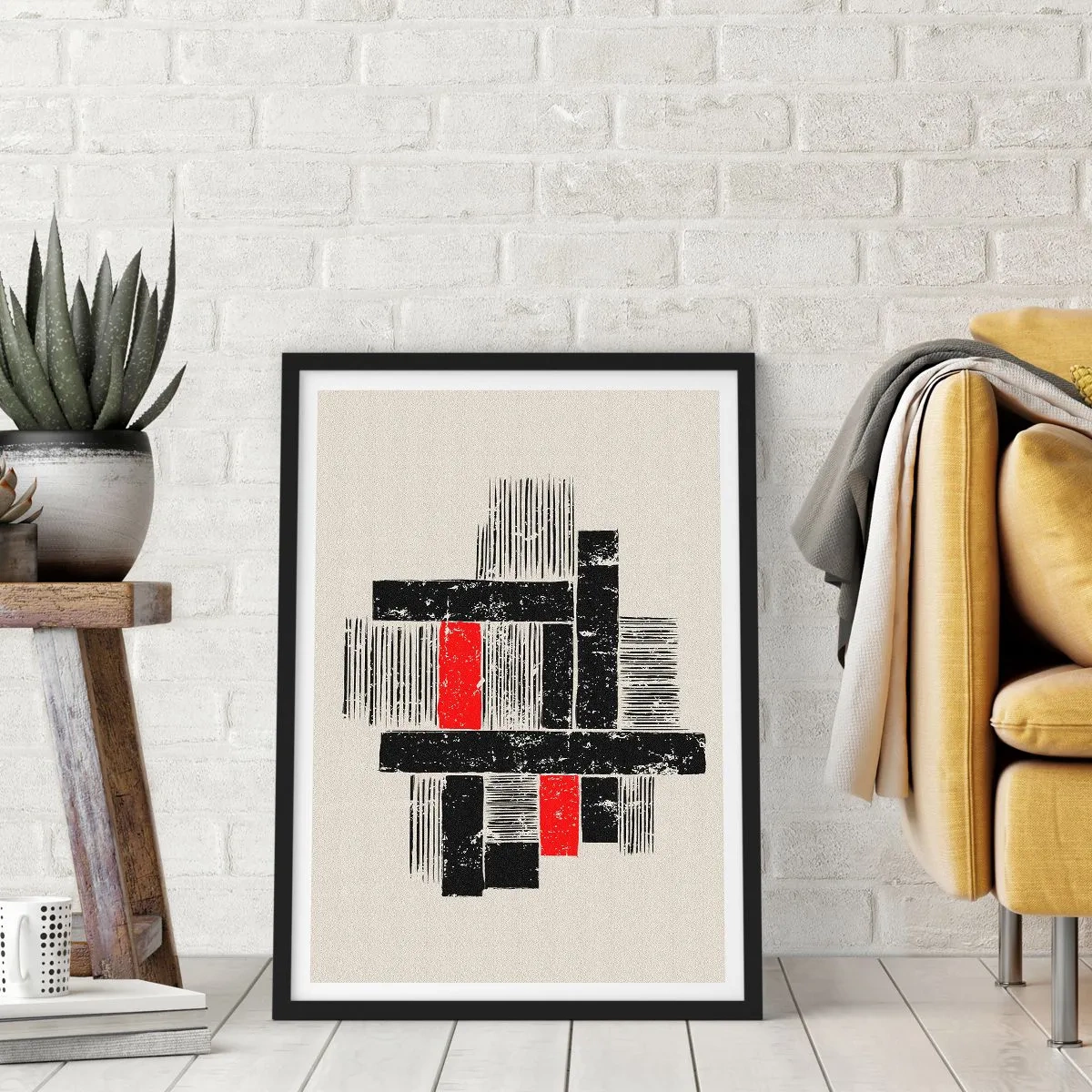 Plakát v černém rámu - Geometrická abstrakce v černé, červené a béžové barvě - 50x70cm - Červené a černé - Moderní nástěnná dekorace do obývacího pokoje a ložnice ARTTOR