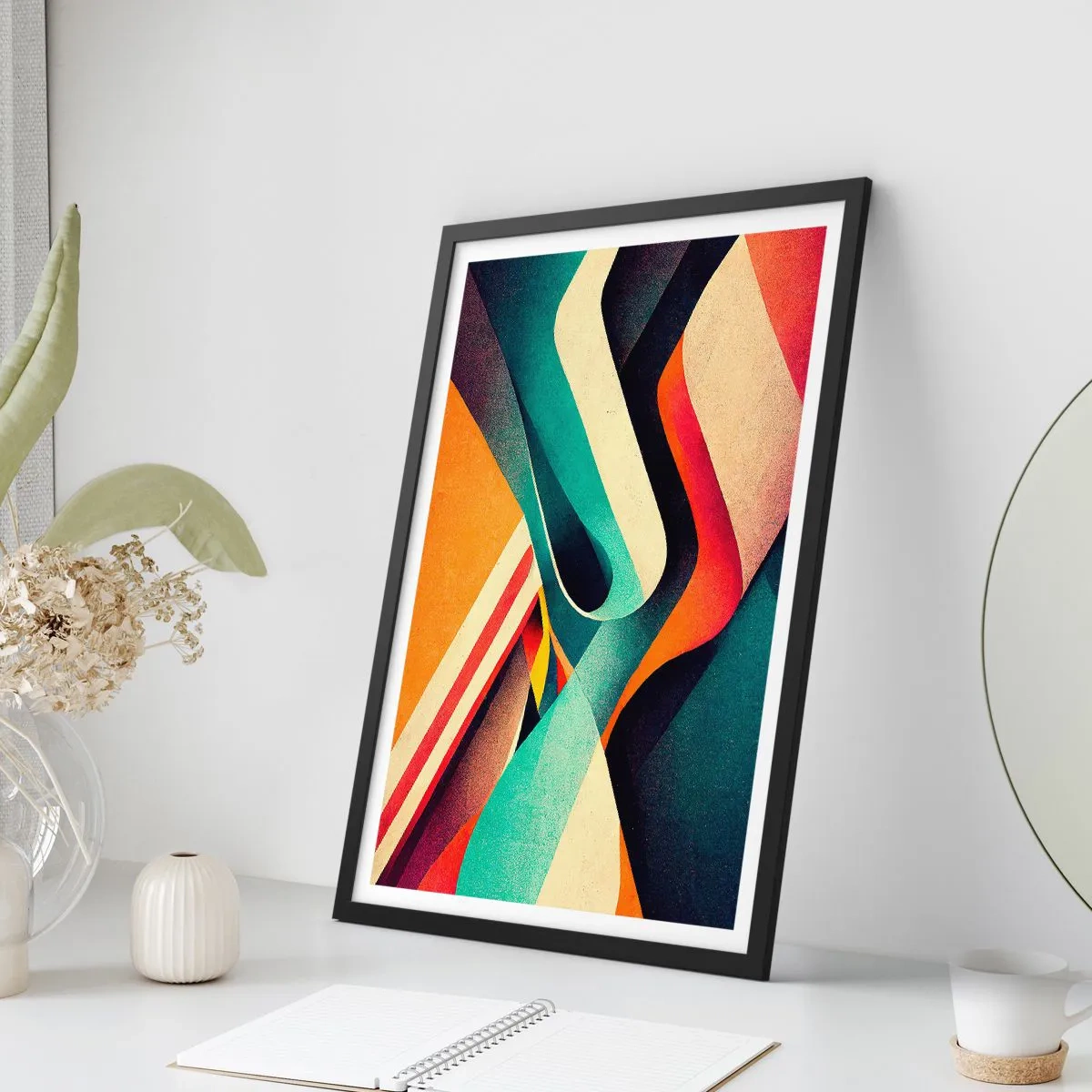 Plakát v černém rámu - Abstraktní vlny v zářivých retro barvách - 50x70cm - Intenzivní kompozice - Moderní nástěnná dekorace do obývacího pokoje a ložnice ARTTOR