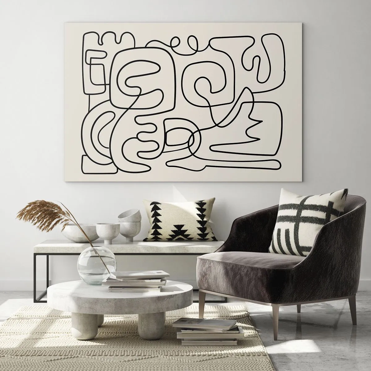 Obraz na skle - Černé abstraktní čáry tvoří složitý vzor na béžové - 70x50cm - Podle stopy - Moderní nástěnná dekorace do obývacího pokoje a ložnice ARTTOR