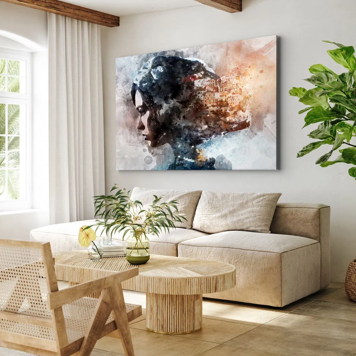 Obraz na plátně - Portrét ženy kombinující její tvář s městskou krajinou v pozadí - 70x50cm - Příběh o dívce s městem v pozadí - Moderní nástěnná dekorace do obývacího pokoje a ložnice ARTTOR