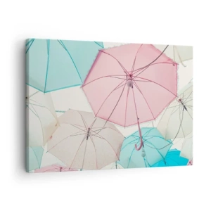 Obraz na plátně - Pastelové deštníky proti jasné obloze - 70x50cm - Občas slunce, občas déšť - Moderní nástěnná dekorace do obývacího pokoje a ložnice ARTTOR
