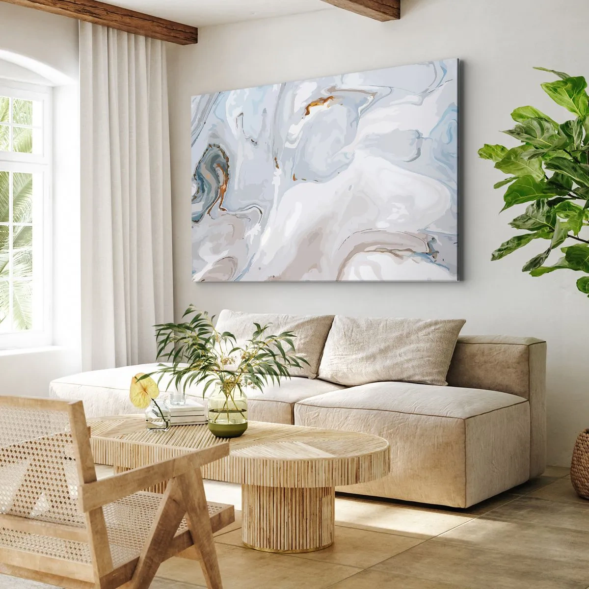 Obraz na plátně - Abstraktní vlny v odstínech modré a bílé - 70x50cm - Povznesená bílá - Moderní nástěnná dekorace do obývacího pokoje a ložnice ARTTOR