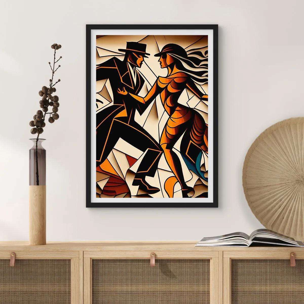 Plakát v černém rámu - Dynamický pár tančící tango v kubistickém stylu. - 50x70cm - Tanec vřelosti a vášně - Moderní nástěnná dekorace do obývacího pokoje a ložnice ARTTOR