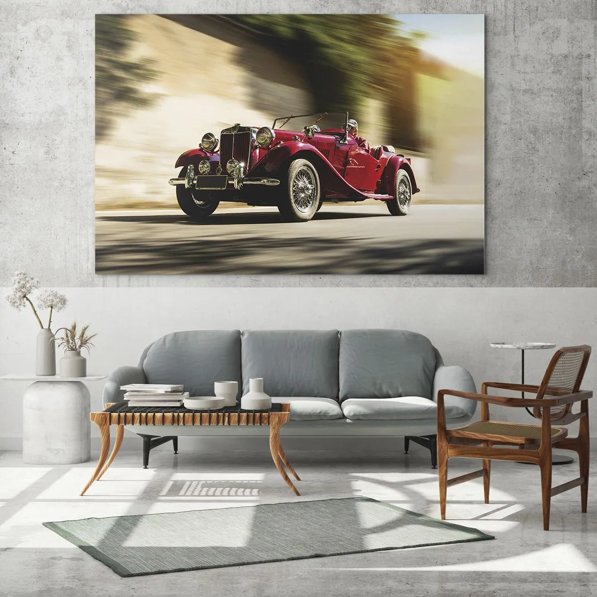 Obraz na skle - Klasický červený kabriolet v pohybu na pozadí ulice a rozmazané krajiny - 70x50cm - Krásnější než Níké Samothrácká - Moderní nástěnná dekorace do obývacího pokoje a ložnice ARTTOR