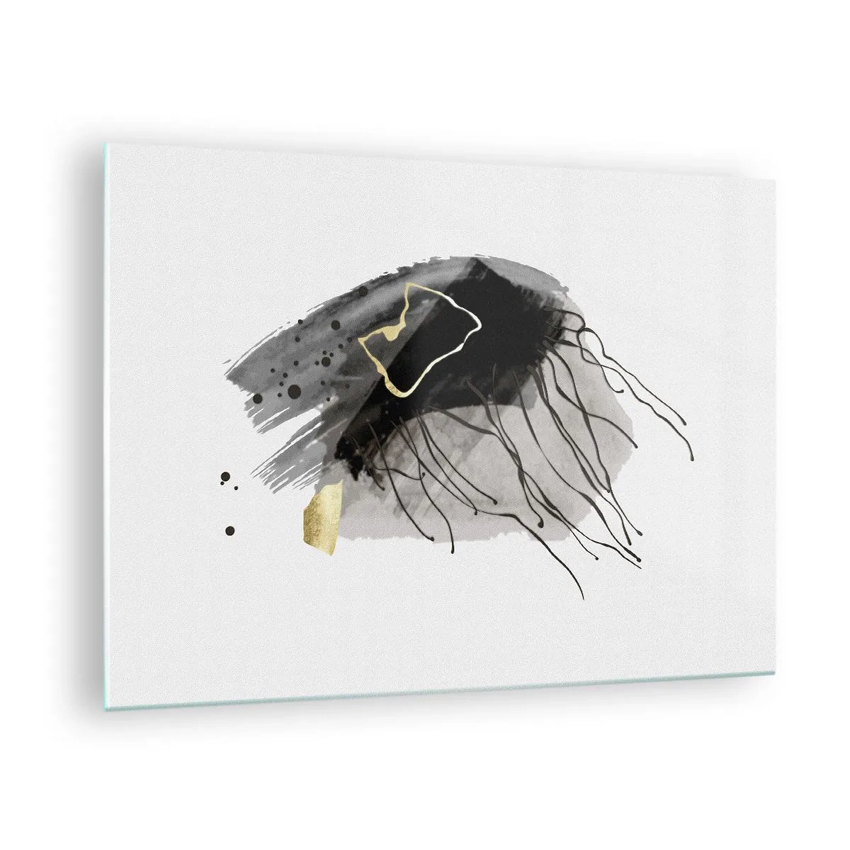 Obraz na skle - Abstraktní kompozice černé a zlaté na bílém pozadí - 70x50cm - V černé a zlaté - Moderní nástěnná dekorace do obývacího pokoje a ložnice ARTTOR